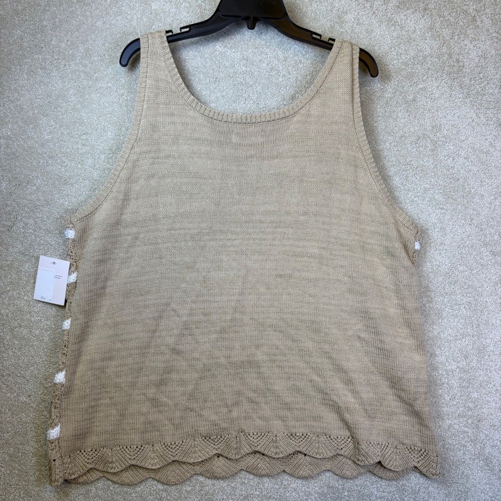 LC Lauren Conrad Sweater Tank Top Women 2X Tan White Striped Crochet Scallop NEW - Picture 2 of 8